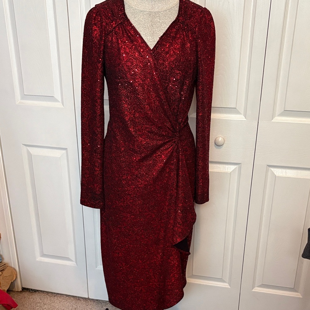 Elegant Red Sequin Wrap Dress Holiday Party Christmas New Years Old Hollywood Lg